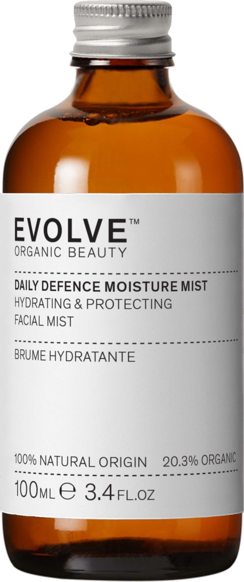 Eine kleine braune Flasche mit weißem Etikett, zeigt den Produktnamen ‘EVOLVE ORGANIC BEAUTY’ und Details zum Gesichtsspray.