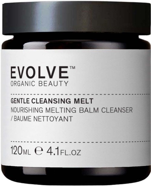 Ein Behälter mit Evolve Gentle Cleansing Melt, weißes Etikett und schwarzer Deckel.