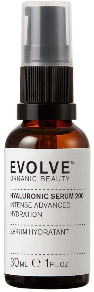 Kleine braune Flasche mit schwarzem Pump. Beschriftung: 'EVOLVE Organic Beauty Hyaluronic Serum 200.'