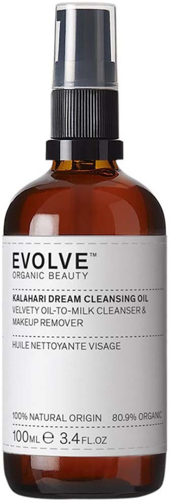 Eine bernsteinfarbene Sprühflasche mit schwarzem Deckel und einem Label, das 'EVOLVE' sagt und es als Reinigungsöl beschreibt.
