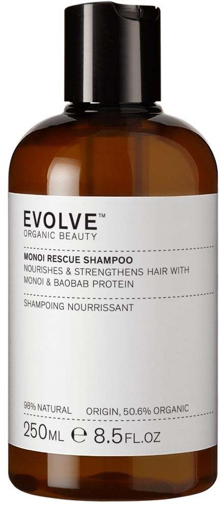 Brunt plastflaska med Evolve Monoi Rescue Shampoo, svart lock, vit etikett, enkelt text. Innehåller närande ingredienser för hår.