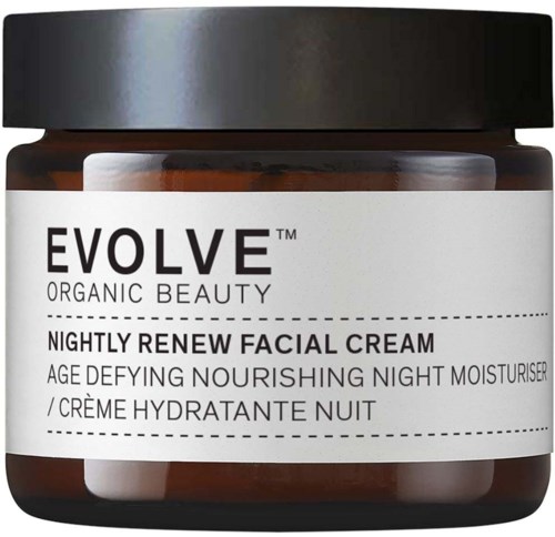 Ein Glas mit Evolve Nightly Renew Facial Cream für nährende, alternde Hautpflege, mit Produktdetails.