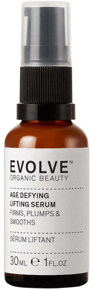 Pieni ruskea pullo mustalla annostelijalla ja valkoisella etiketillä, merkitty 'Evolve Age Defying Lifting Serum.'