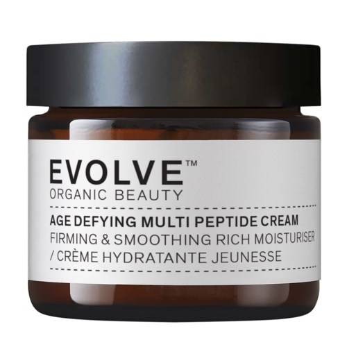 Det är en mörk burk med EVOLVE Organic Beauty Multi Peptide Cream, avsedd för att strama åt och jämna ut huden.