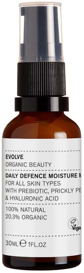 A brown bottle with a black pump dispenser, labeled Evolve Organic Beauty Daily Defence Moisture. Suitable for all skin types.