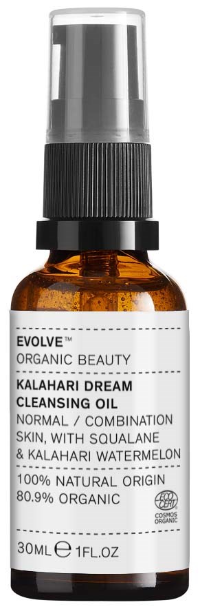 Kleine braune Flasche mit Sprühpumpe, enthält Kalahari Dream Reinigungsöl für normale oder Mischhaut.