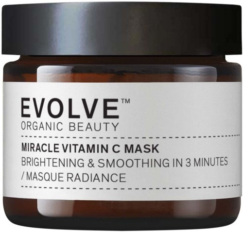 Lådans etikett visar en kräm som heter 'Miracle Vitamin C Mask' för att ljusa och jämna ut huden.