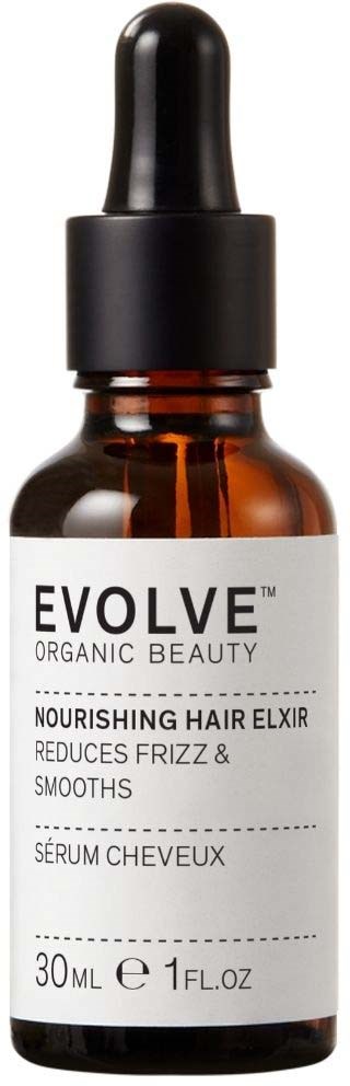 Kleine braune Flasche mit schwarzem Tropferverschluss, beschriftet als Evolve Nourishing Hair Elixir für Frizz und Glättung.