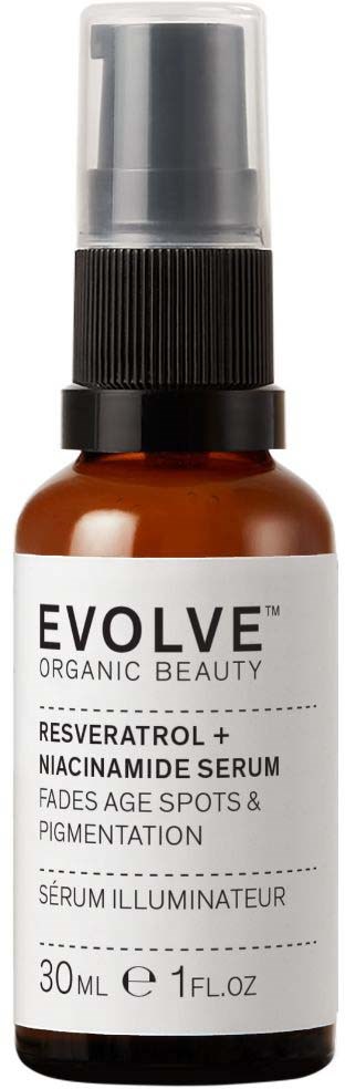 Kleine bernsteinfarbene Flasche mit schwarzem Pumpspender, beschriftet EVOLVE Organic Beauty Resveratrol + Niacinamide Serum, 30 ml.