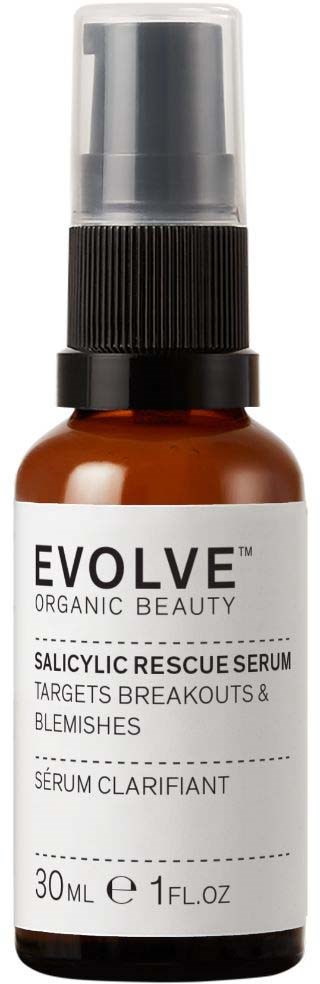 Eine kleine braune Flasche mit schwarzem und klarem Sprühkopf, bezeichnet 'Evolve Salicylic Rescue Serum.'
