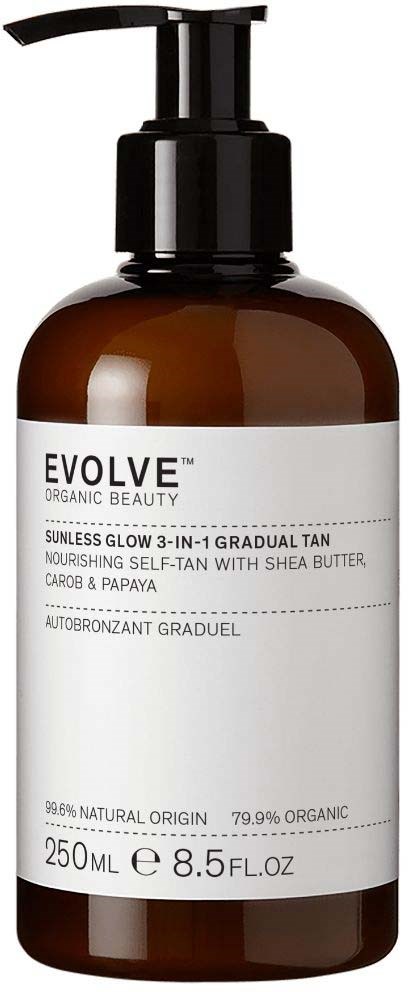 Eine braune Flasche mit schwarzem Pumphahn, beschriftet 'Evolve' und Produktinformationen.