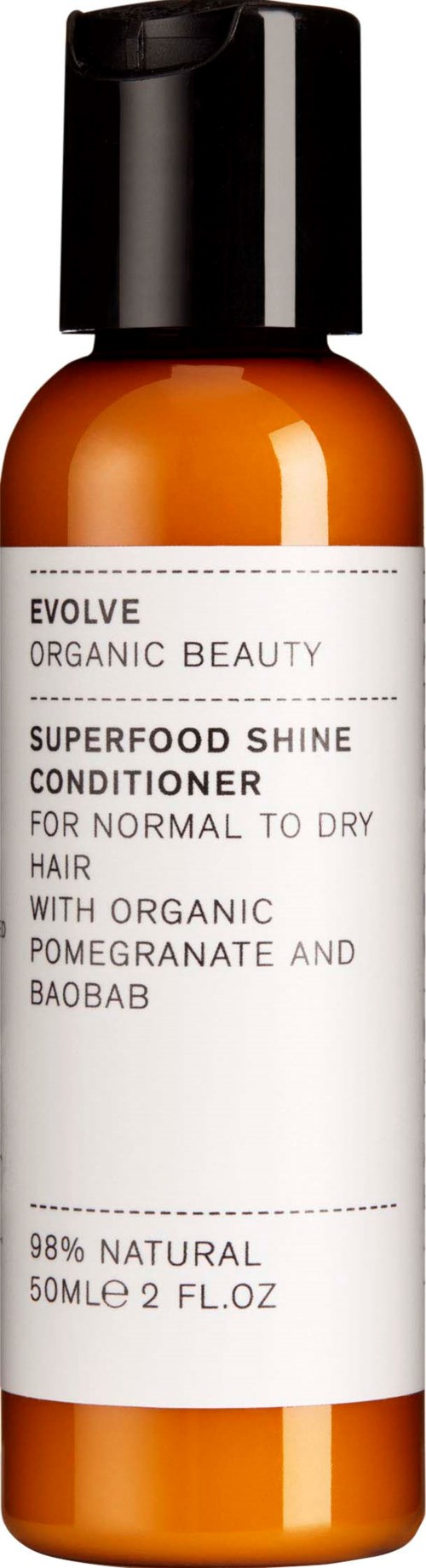En liten orange flaska Evolve Superfood Shine Conditioner med svart lock, märkt för torrt hår med naturliga ingredienser.