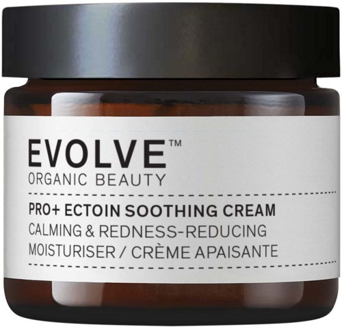 Ein Glas EVOLVE Bio-Beauty-Creme zur Beruhigung der Haut, Reduzierung von Rötungen und Feuchtigkeit. Schwarzer Deckel, weißes Etikett.