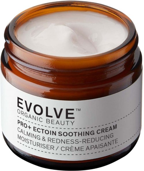 Braune Dose mit weißer Creme, etiketti EVOLVE Organic Beauty Pro+ Ectoin Soothing Cream.