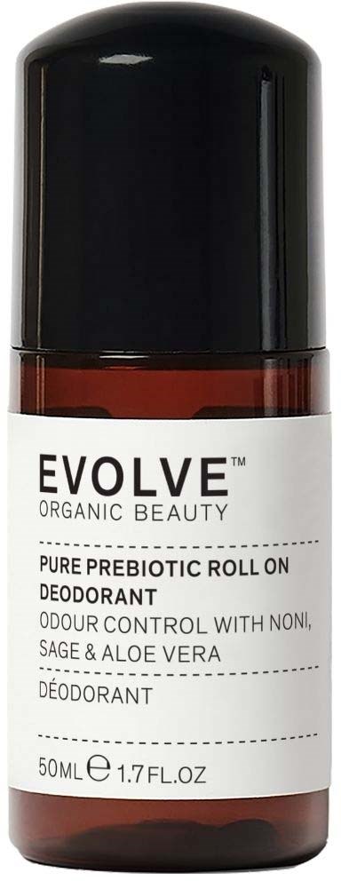 Braune und schwarze Roll-on-Deodorantflasche mit weißem Etikett, das Produktdetails zeigt.