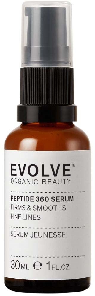 Brun glassflaske med svart og hvit etikett som inneholder peptidserum for å stramme og jevne ut huden. 30 ml størrelse.