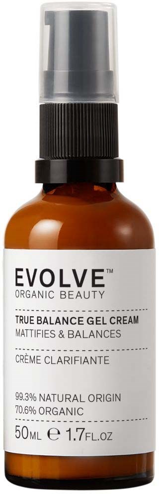 Liten brun flaske med pump, merket 'Evolve True Balance Gel Cream' for hudpleie, inneholder 50ml/1,7oz.