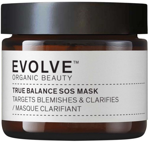 En liten krukke med Evolve organisk skjønnhet True Balance SOS Maske for å rense kviser.