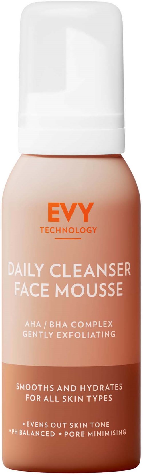 En flaska ansiktsrengöringsmousse med vit lock, märkt för dagligt ansiktsbruk och exfolierande egenskaper.