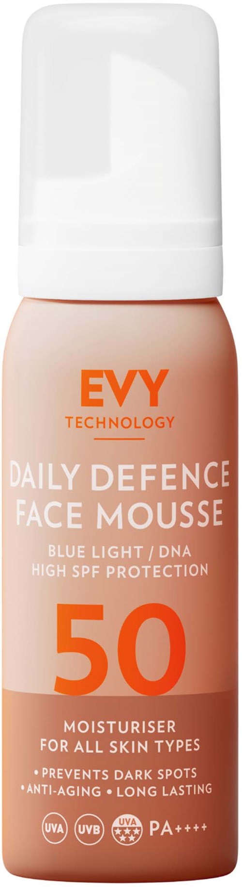 A bottle of face mousse with SPF 50 for skin protection, moisturizing, anti-aging, and preventing dark spots.