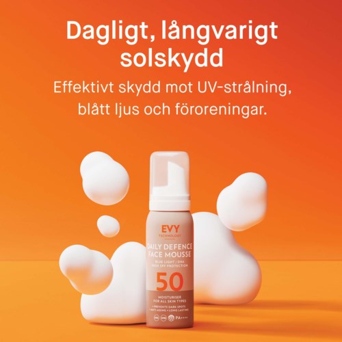 A sunscreen product named EVY Daily Defence Face Mousse with SPF 50 against UV rays, shown with foam bubbles on an orange background.