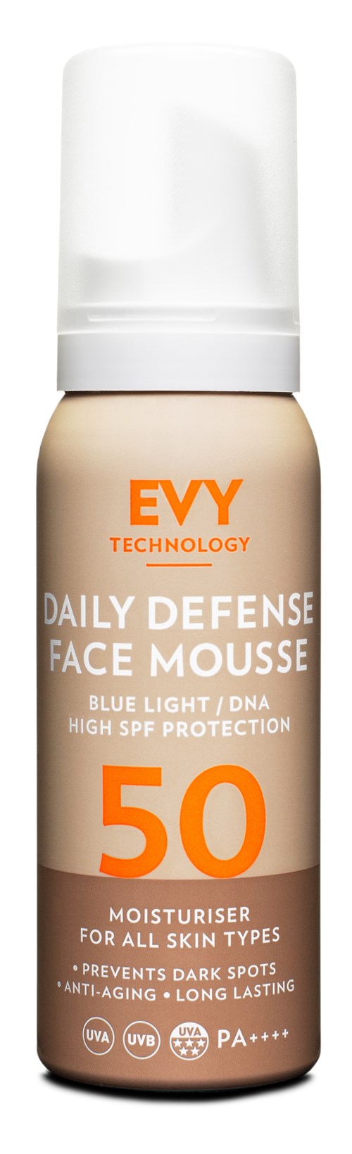 En beige flaska med orange SPF 50-märkning för ansiktsskydd, främjar fukt, solskydd och mörka fläckar. 