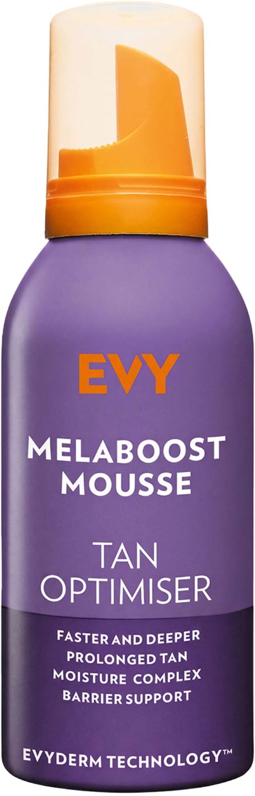 A purple bottle with an orange cap and label offers Melaboost Mousse for brighter, longer-lasting tans.