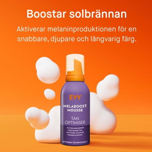 A skincare bottle labeled EVY Melaboost Mousse boosts tanning with white foam around it on an orange background.
