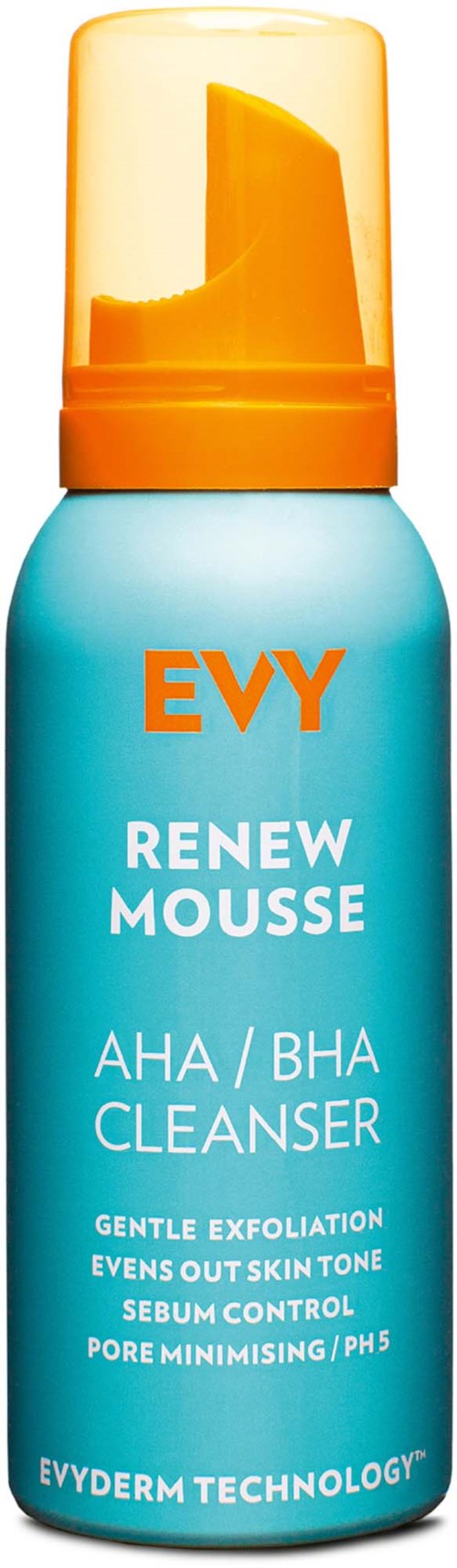 A blue and orange bottle labeled EVY RENW MOUSSE for face cleansing and exfoliation.