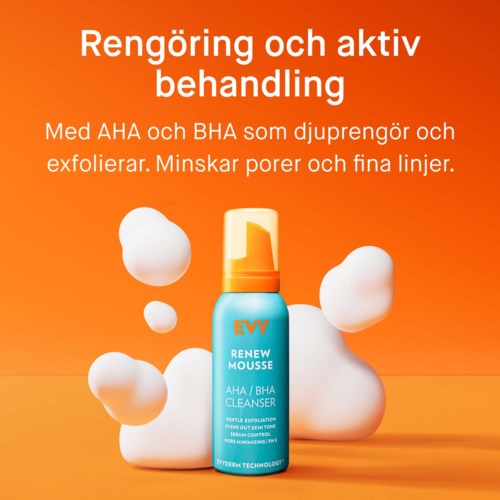 A bright orange background with a blue skincare bottle, bubbles, and white foam for cleansing and exfoliating.
