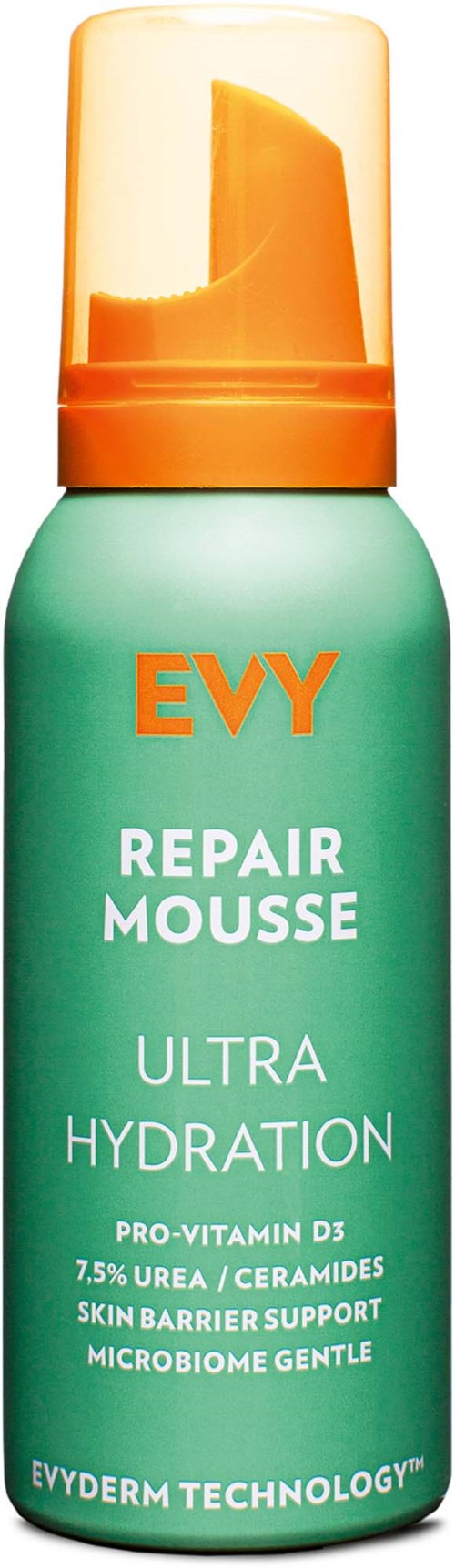 A green bottle with orange and beige cap, labeled EVY Repair Mousse for ultra hydration and skin support.