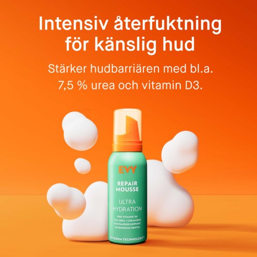 A skincare product called EVY Repair Mousse with orange background, white text, and a bottle with foam around it.