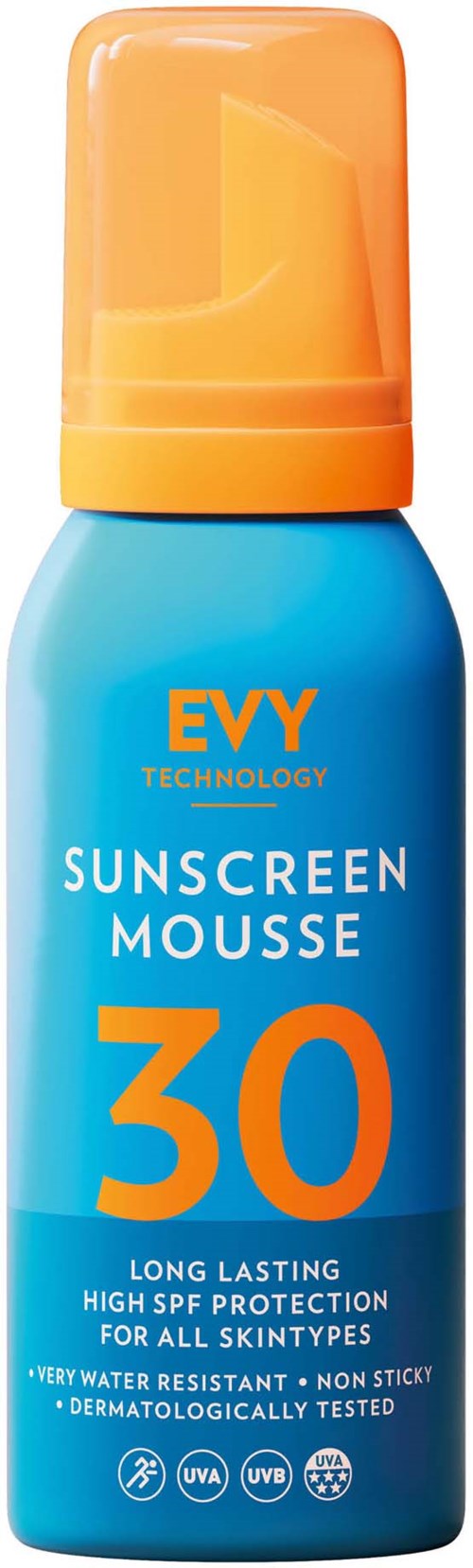 Blue sunscreen mousse can, with orange cap, showing protection factor 30 and UV symbols.