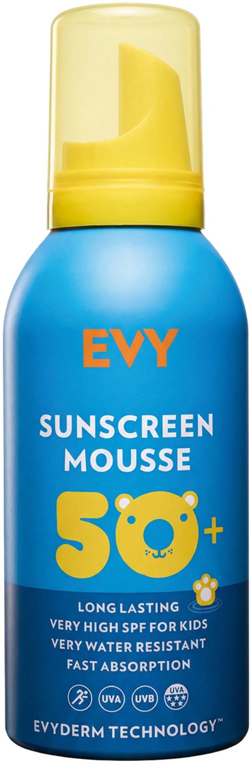 Blue and yellow sunscreen mousse bottle with a pump, labeled for kids with SPF 50+ protection.