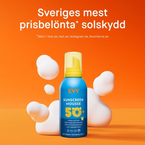 Sunscreen mousse bottle with foam splashes on an orange background, promoting sun protection for kids.