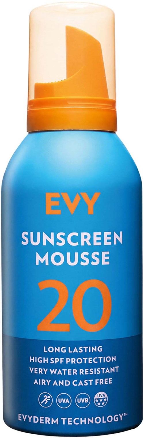 Blue sunscreen mousse bottle with orange and white label, SPF 20, long-lasting, water-resistant, airy, and cast-free.
