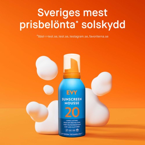 Blue sunscreen mousse bottle with orange and white text on an orange background, surrounded by white foam balls.