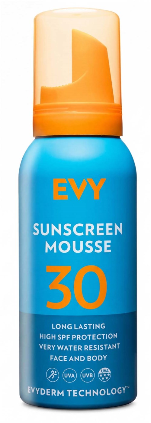 Blue bottle, orange cap, labeled EVY sunscreen mousse with SPF 30, provides water-resistant sun protection for face and body.