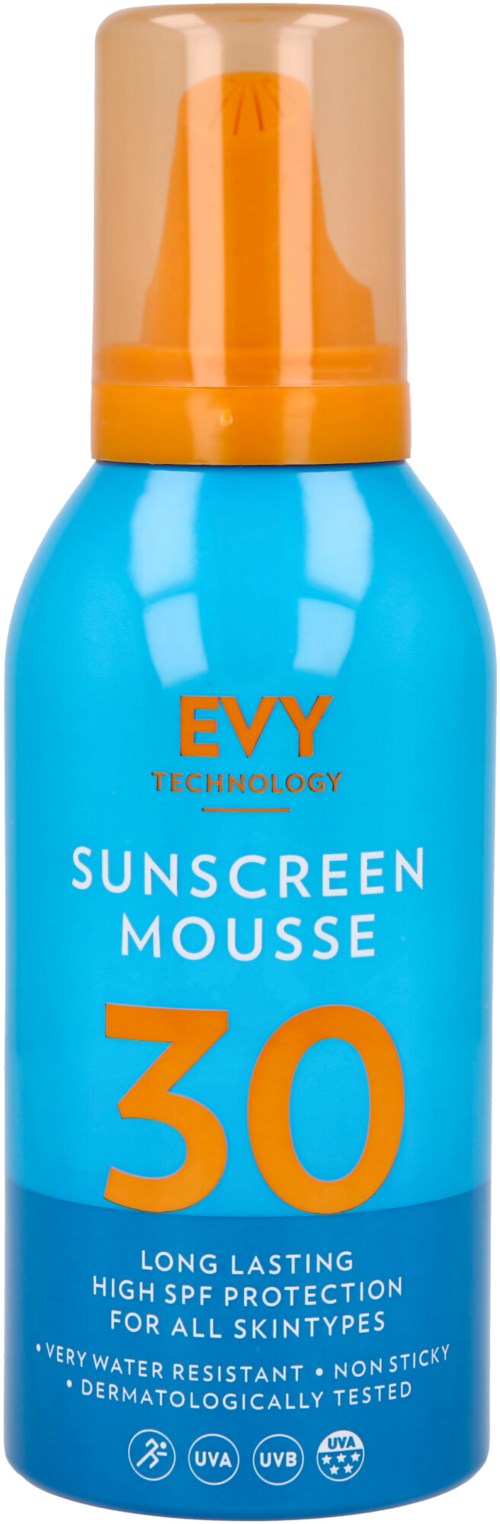 En blå flaska med solskyddsmousse med orange lock och etikett, visar SPF 30 skydd.