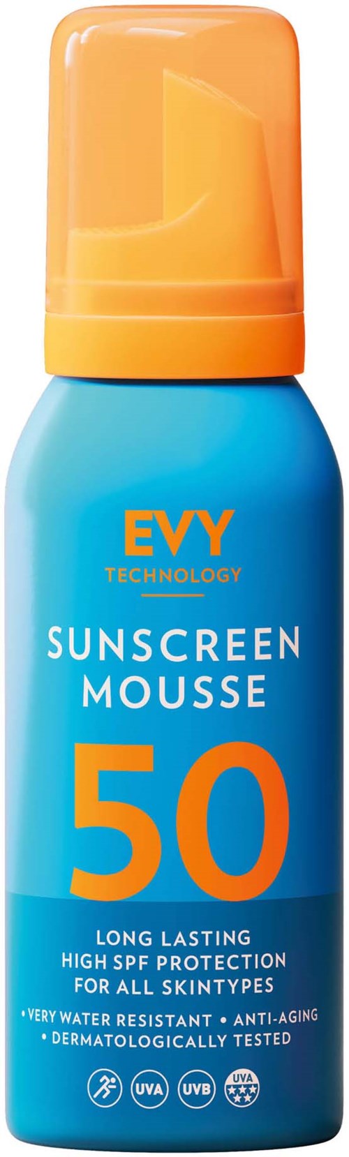 En blå solskumsflaska med orange lock, märkt SPF 50, ger långvarigt skydd mot solen.
