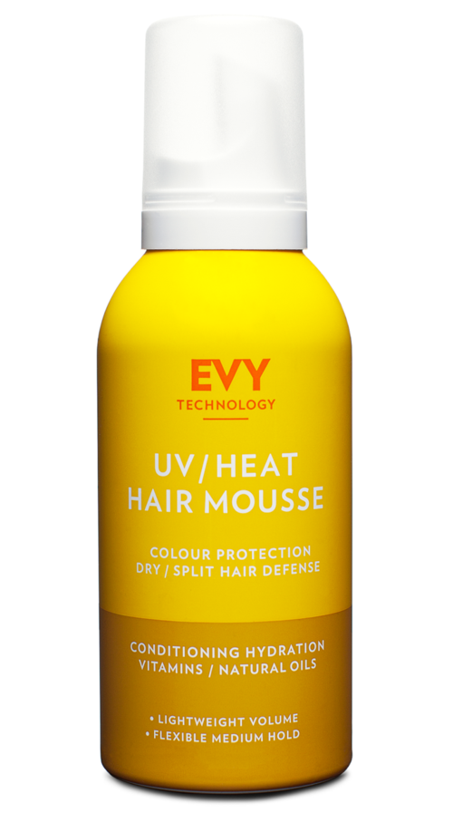 Gul behållare med vit kork, märkt 'UV/Heat Hair Mousse', ger färgskydd och återfuktning för hår.
