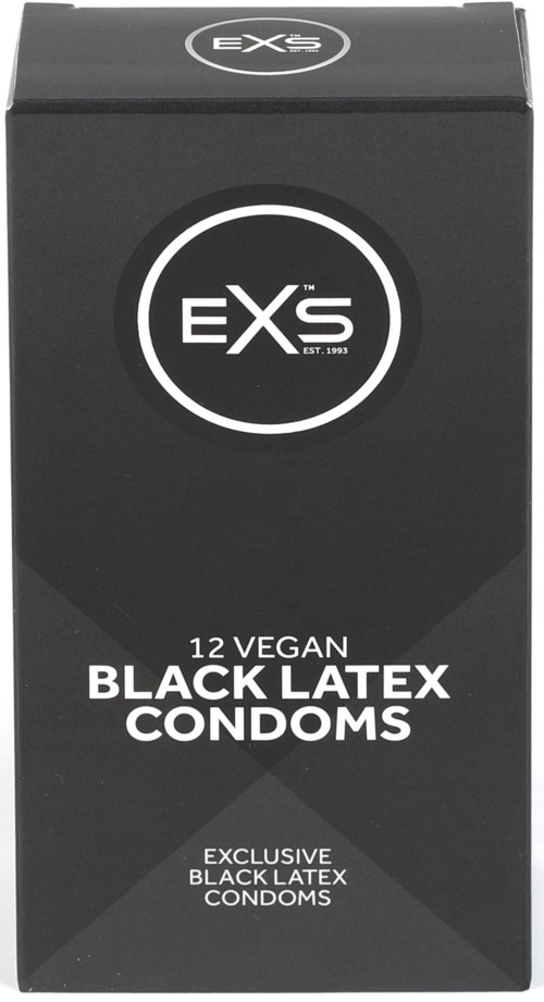 Schwarze Packung für vegane schwarze Latex-Kondome mit Markennamen und Produktdetails.