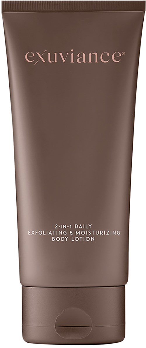 A brown tube of Exuviance 2-in-1 body lotion for exfoliating and moisturizing.