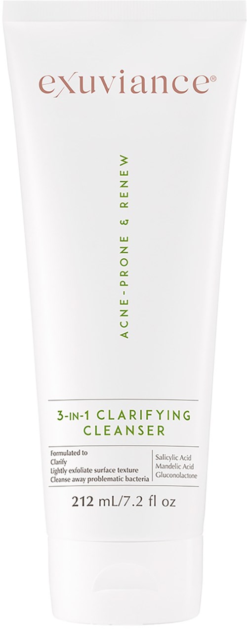 Ein weiße Tube mit gelbem Text „Exuviance“, fördert eine Gesichtsreiniger für akneanfällige, empfindliche Haut, 212 ml.
