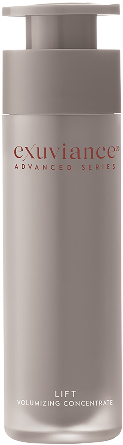 Eine lange weiße Flasche mit Pumpe, beschriftet 'exuviance ADVANCED SERIES LIFT volumizing CONCENTRATE.'
