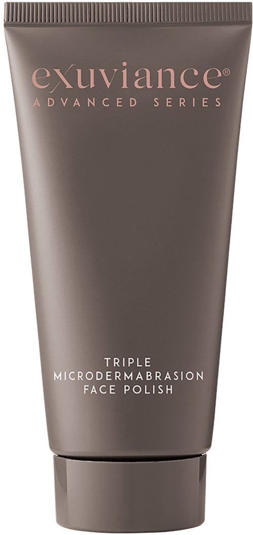 Een grijze tube met 'Exuviance' en 'Advanced Series' en 'Triple Microdermabrasion Face Polish' geschreven op de voorkant.