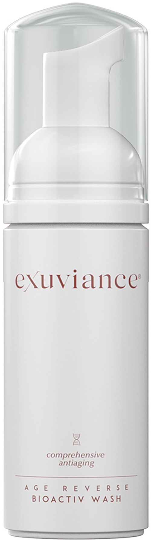 Eine weiße Flasche mit Pumpentyp, beschriftet 'exuviance' und 'age reverse bioactive wash' für Hautpflege.
