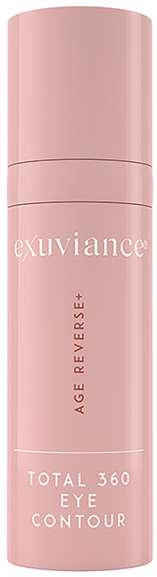 Rosa Flasche mit der Aufschrift 'Exuviance Age Reverse Total 360 Eye Contour.' Es ist ein Hautpflegeprodukt für die Augenpartie.