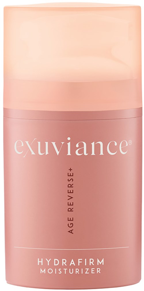 Rote Flasche mit weißen und schwarzen Text, beschriftet Exuviance Age Reverse+ Hydrafirm Feuchtigkeitscreme.