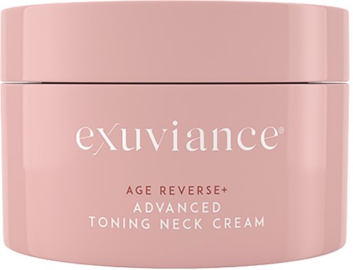 Roter Behälter mit Exuviance Age Reverse+ Advanced Toning Neck Cream.